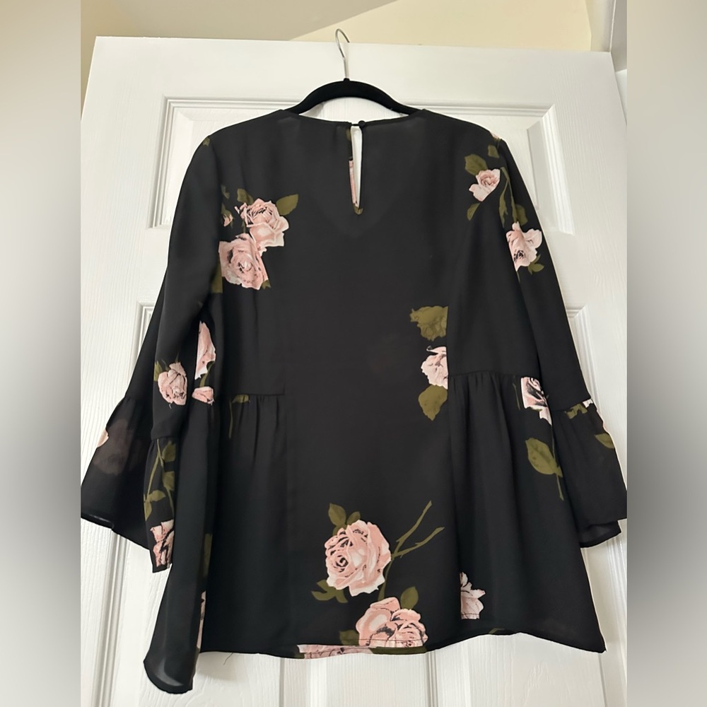 Maeve -Floral Black V neck Blouse with Pink Rose print. Flounce 3/4 sleeve.